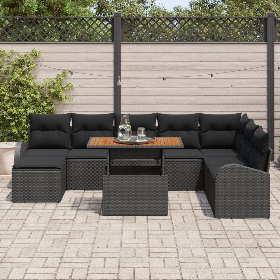 9-Delige Tuin Eetset Met Kussens Zwart Poly Riet Acacia