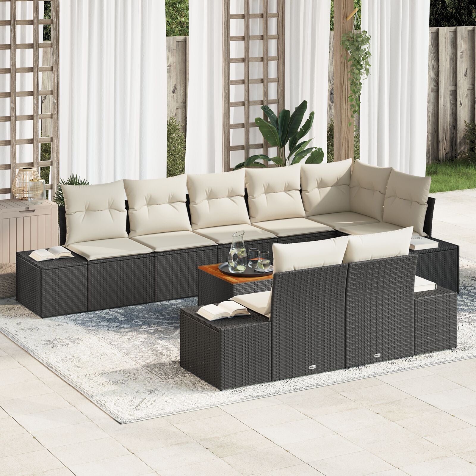 9-Delig Tuinbankstel Met Kussens Zwart Poly Rattan Acacia