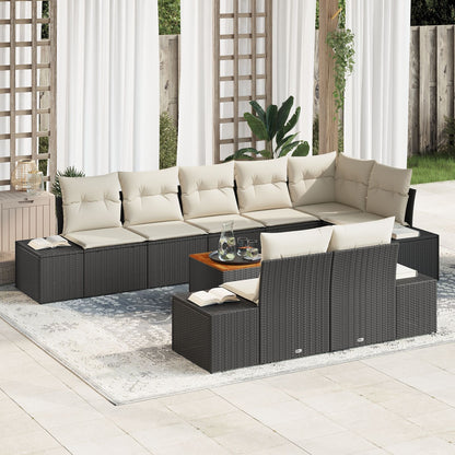 9-Delig Tuinbankstel Met Kussens Zwart Poly Rattan Acacia