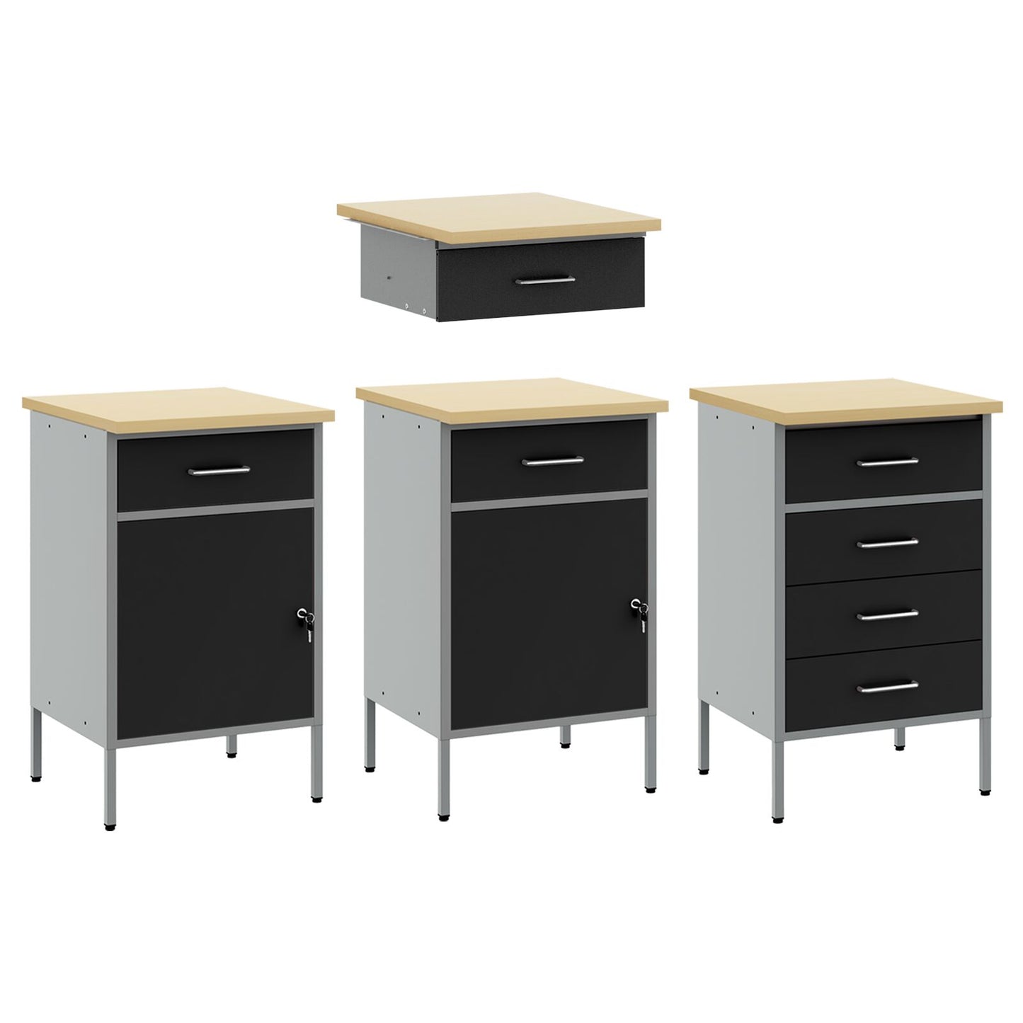 4-Delige Werk Kast En Tafel Set Zwart Gelaagd Hout En Staal