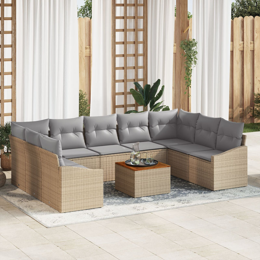 10-Delige Tuin Sofa Set Met Kussens Beige Poly Rattan Acacia