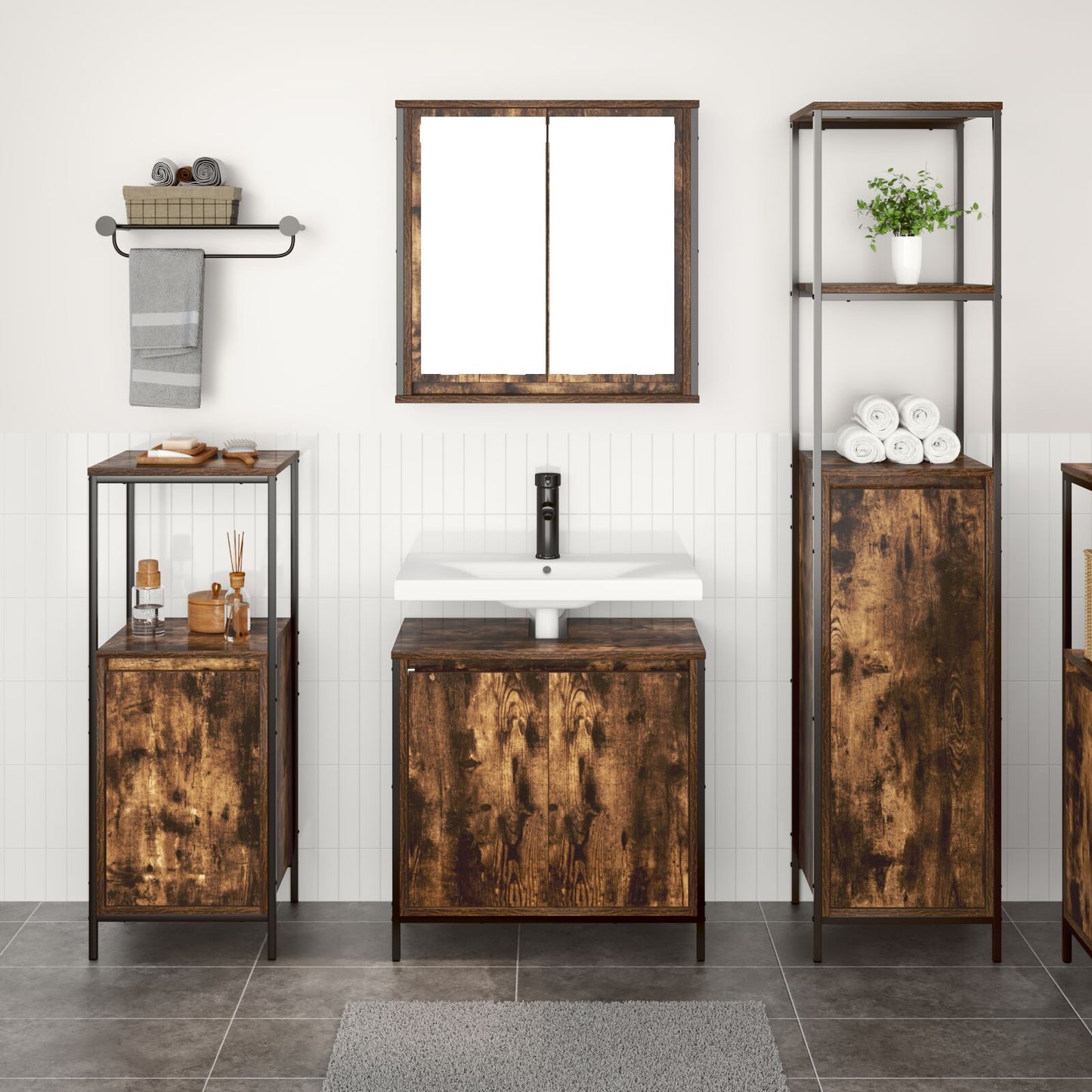 3-Delige Badkamermeubelset In - Gegutereerd Hout Gerookt eiken Basin kast + 2x badkamerkast
