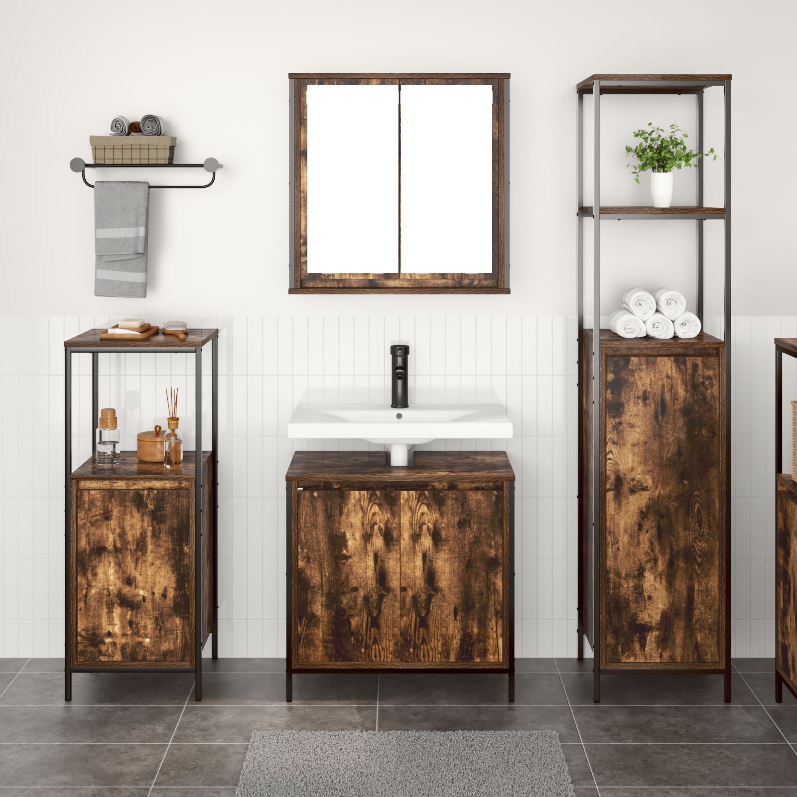 3-Delige Badkamermeubelset In - Gegutereerd Hout Gerookt eiken Basin kast + 2x badkamerkast
