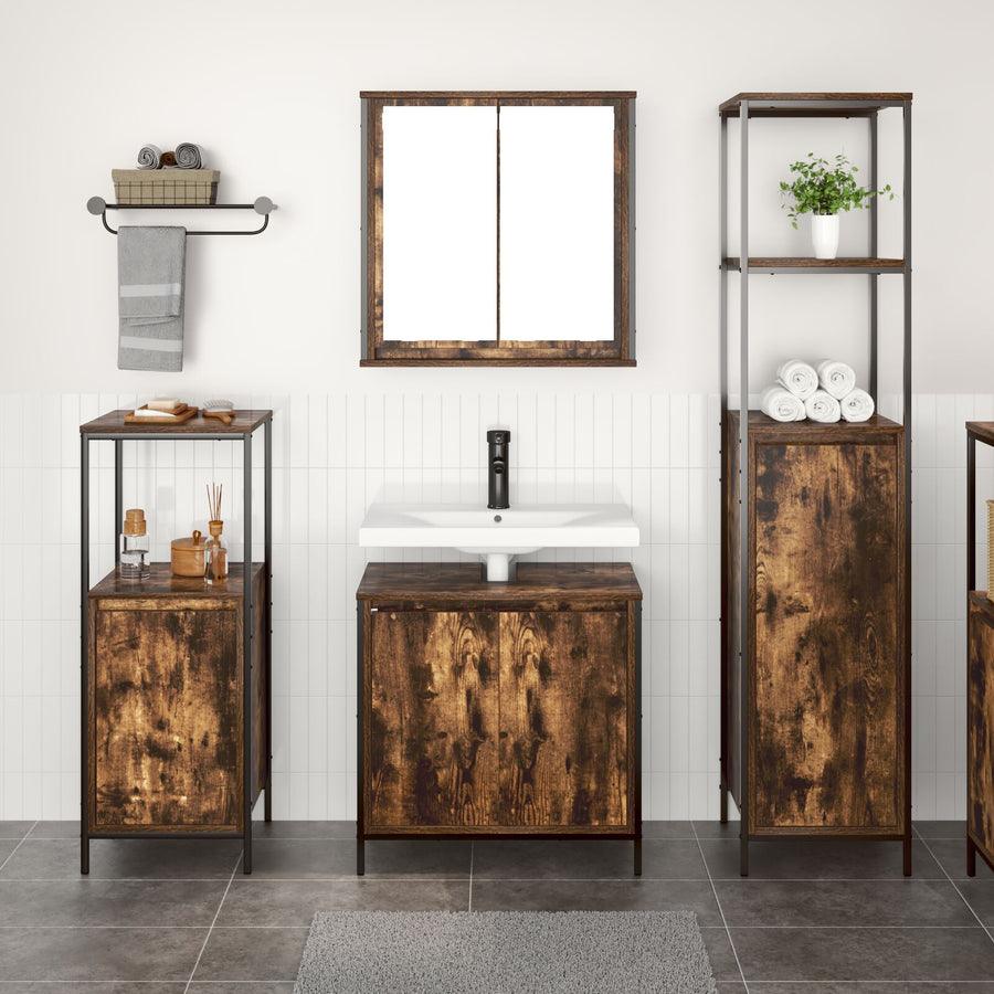 3-Delige Badkamermeubelset In - Gegutereerd Hout Gerookt eiken Basin kast + 2x badkamerkast