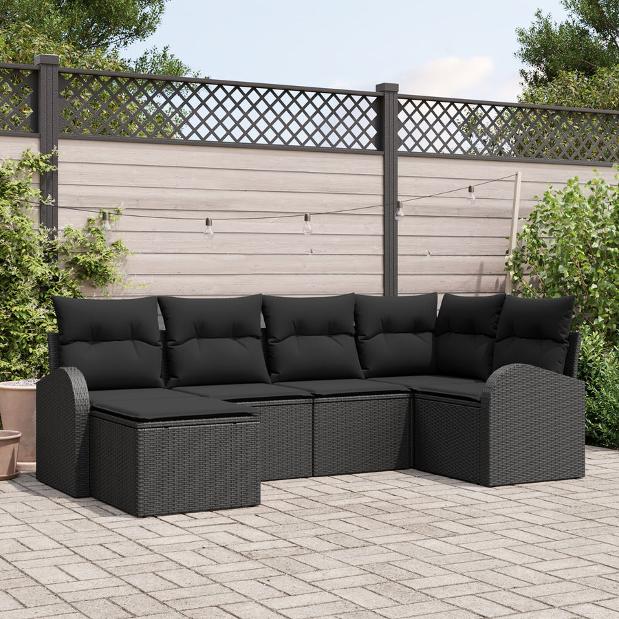6-Delige Tuin Sofaset Met Kussens Zwart Poly Rattan
