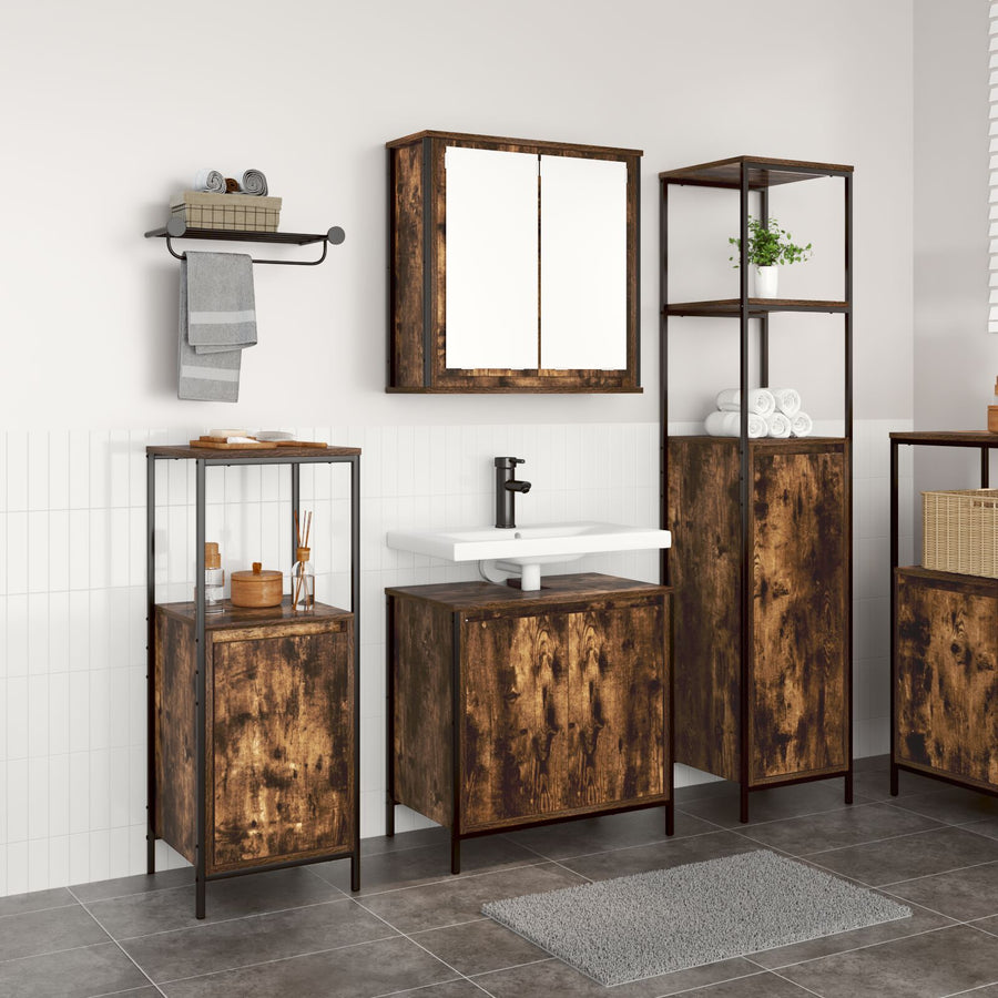 3-Delige Badkamermeubelset In - Gegutereerd Hout Gerookt eiken Basin kast + 2x badkamerkast