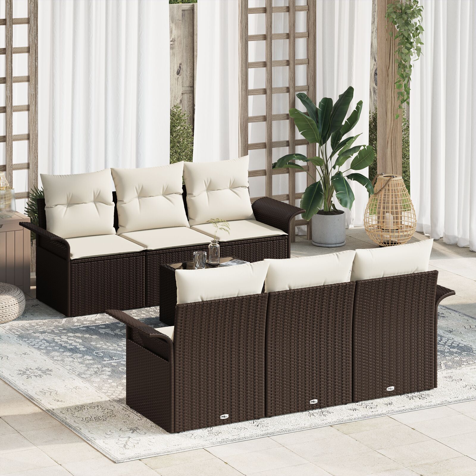 7-Delige Tuin Sofaset Met Kussens Bruin Poly Rattan
