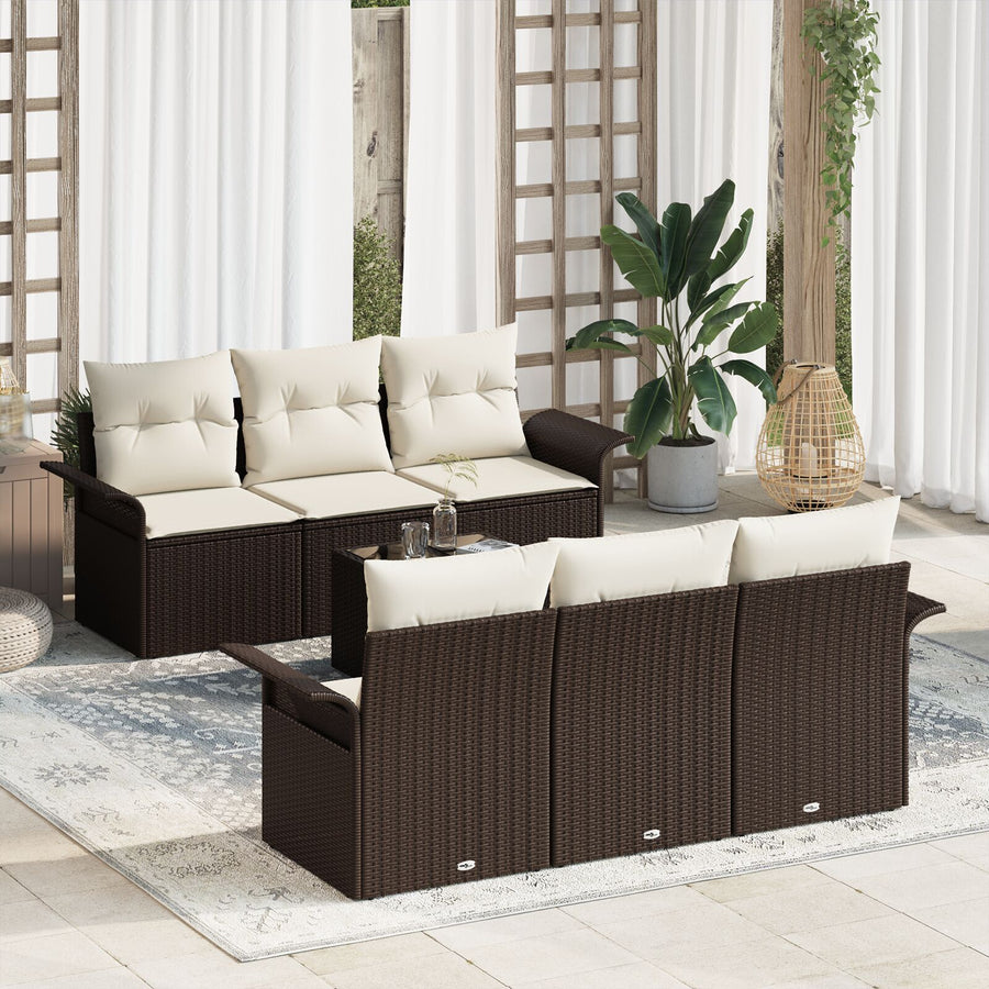 7-Delige Tuin Sofaset Met Kussens Bruin Poly Rattan