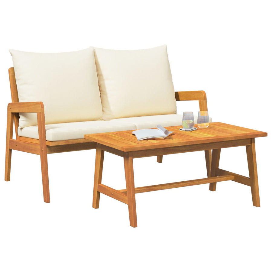 2 Delige Bistroset Met Kussens Massief Hout Acacia Crème wit Tafel + bank