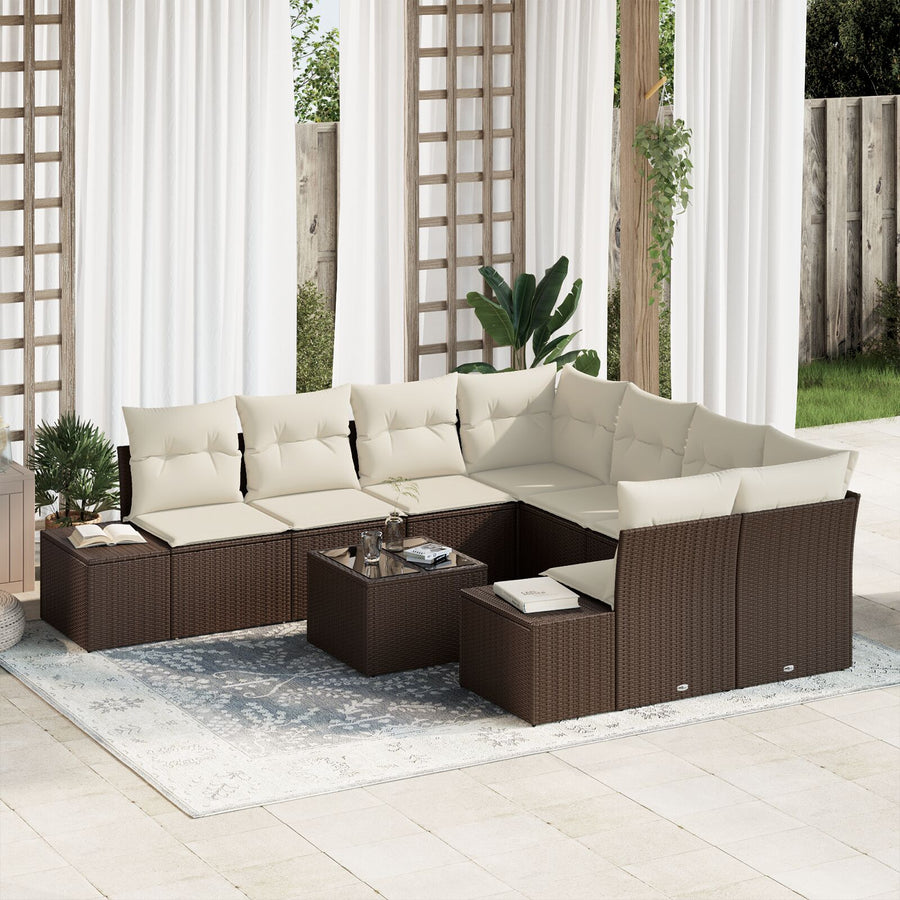 9-Delige Tuinsofa Set Met Kussens Bruine Poly Rattan