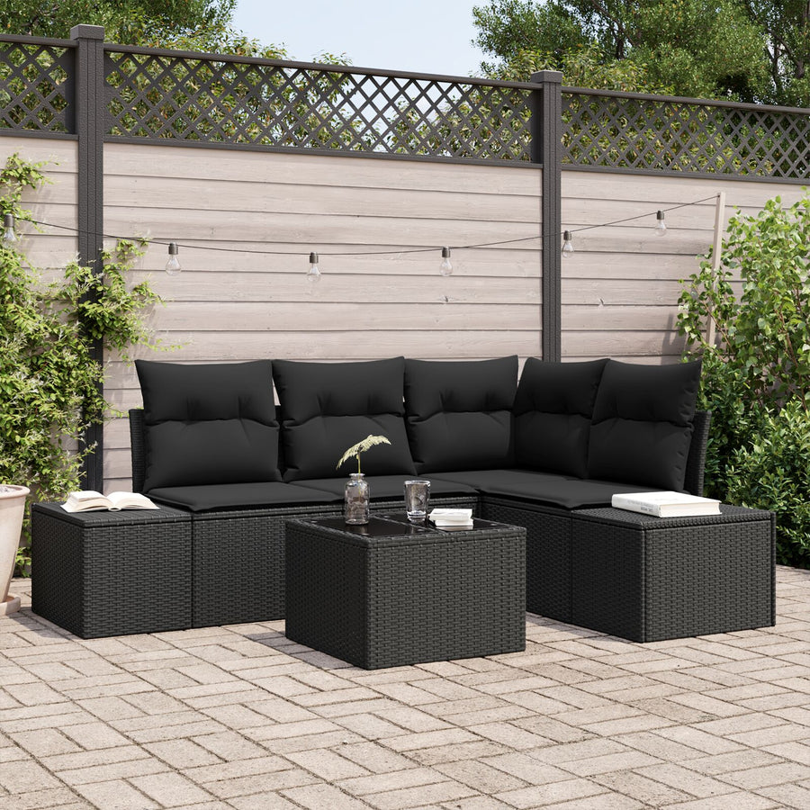 5-Delige Tuin Sofa Set Met Kussens Beige Poly Rattan Zwart met tafel