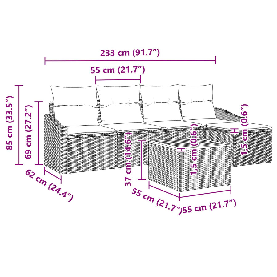 6-Delige Tuin Sofa Set Met Kussens Zwart Poly Rattan Acacia
