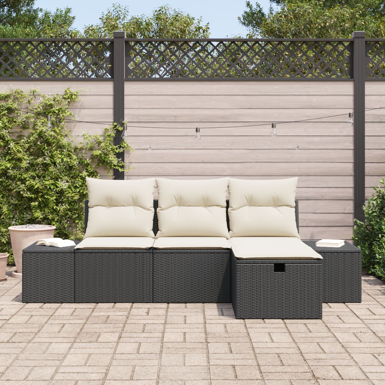 4-Delige Tuin Sofa Set Met Kussens Zwart Poly Rattan