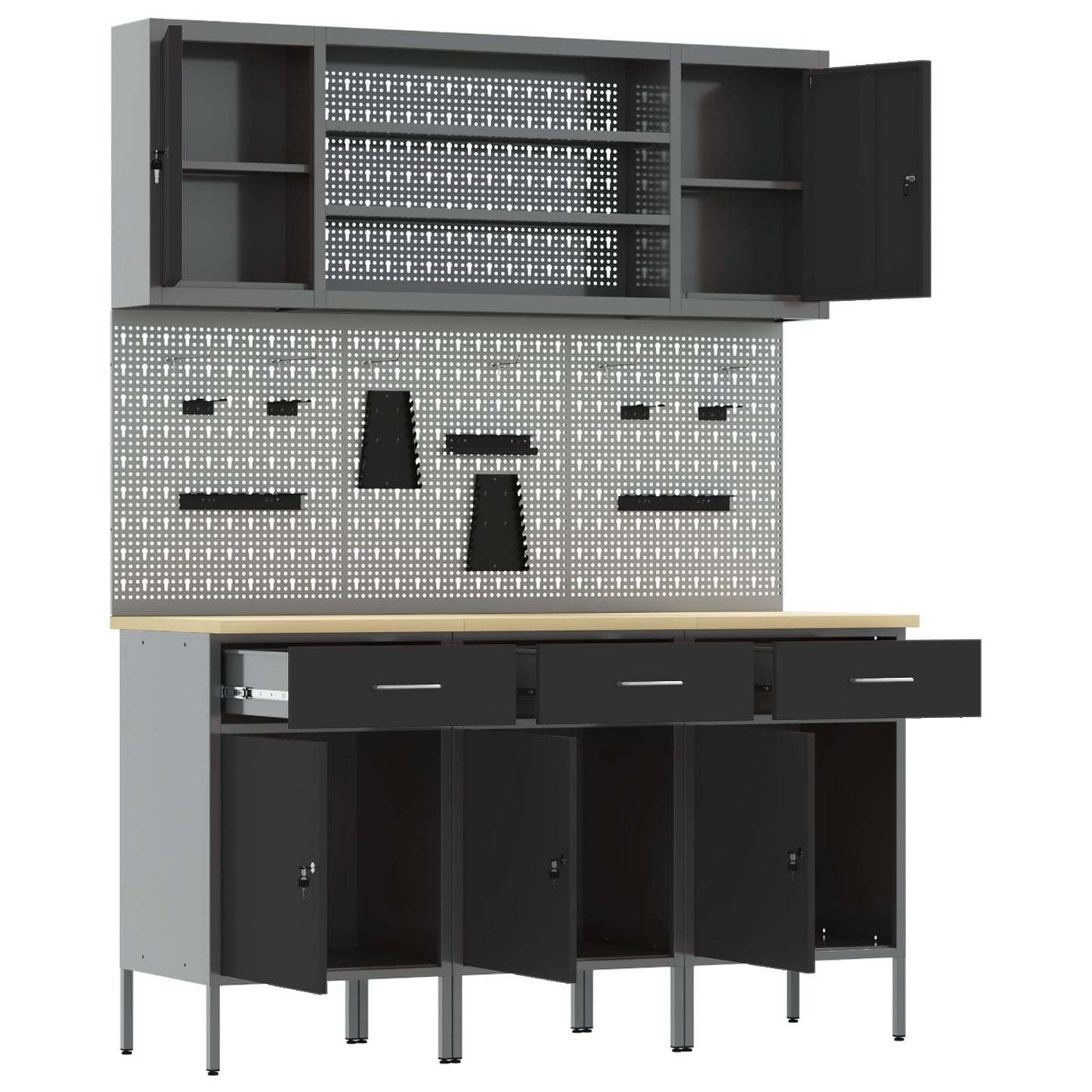7-Delige Werkbank Set Staal 3x (84 cm) Zwart 4x kast + 4x pegboard