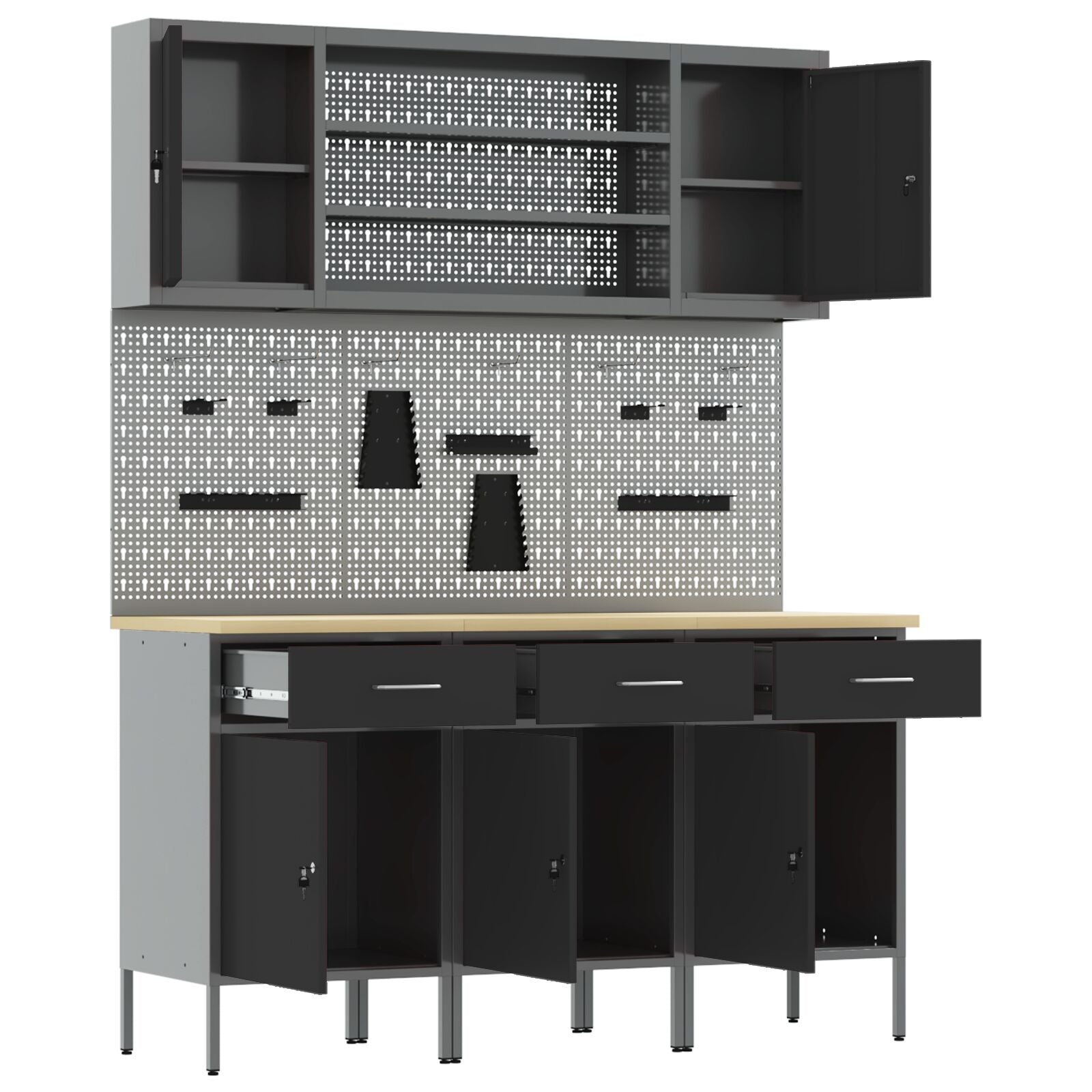 7-Delige Werkbank Set Staal 3x (84 cm) Zwart 4x kast + 4x pegboard