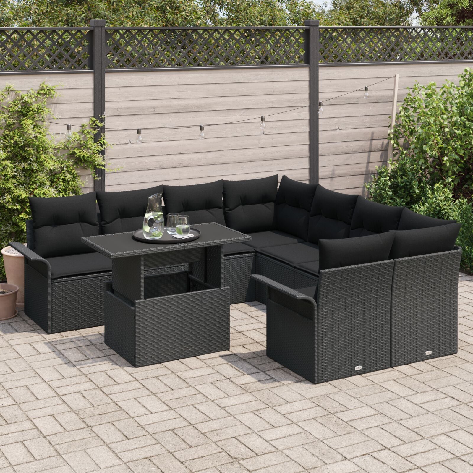 9-Delige Tuinbankset Met Kussens Zwart Poly Rattan
