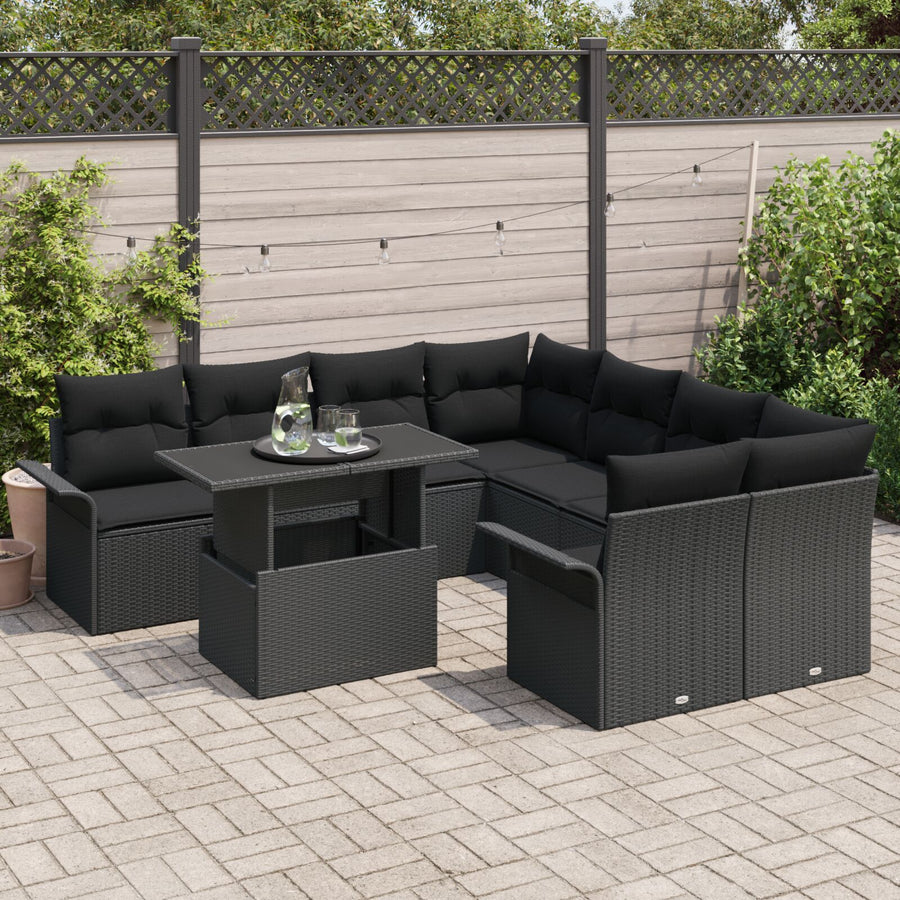 9-Delige Tuinbankset Met Kussens Zwart Poly Rattan