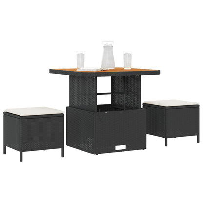 3-Delige Tuin Eetset Met Kussens Poly Rattan Acacia 80 cm Zwart en crème 2 stoelen
