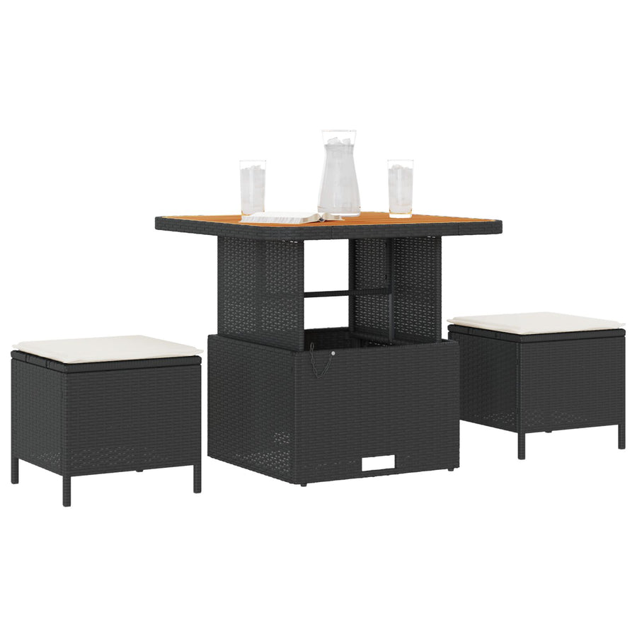 3-Delige Tuin Eetset Met Kussens Poly Rattan Acacia 80 cm Zwart en crème 2 stoelen