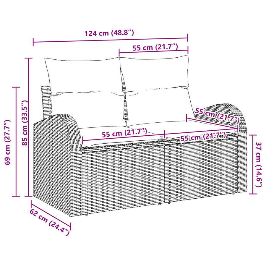 2-Zits Tuinbank & Kussens Poly Rattan Beige en crème met opbergruimte