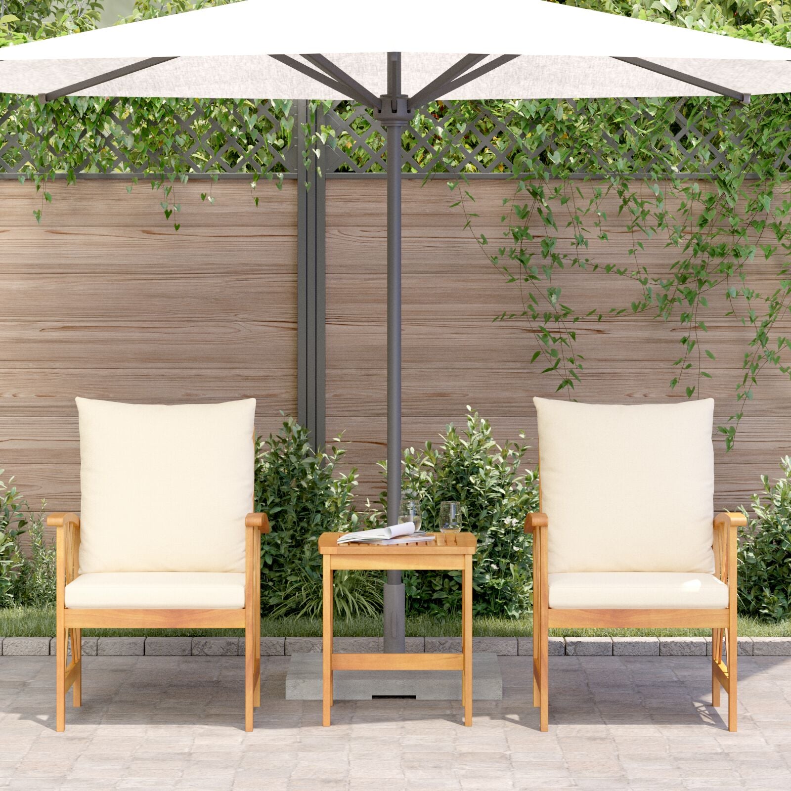 3-Delig Tuin Lounge Set Met Kussens Van Massief Acaciahout 2x stoel + tafel Crème Wit