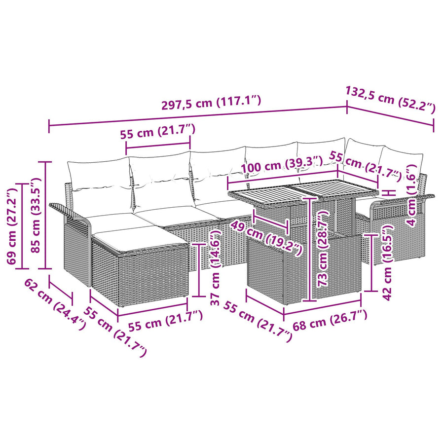 Tuinbank Set 8-Delig Grijs Synthetisch Rattan En Hout
