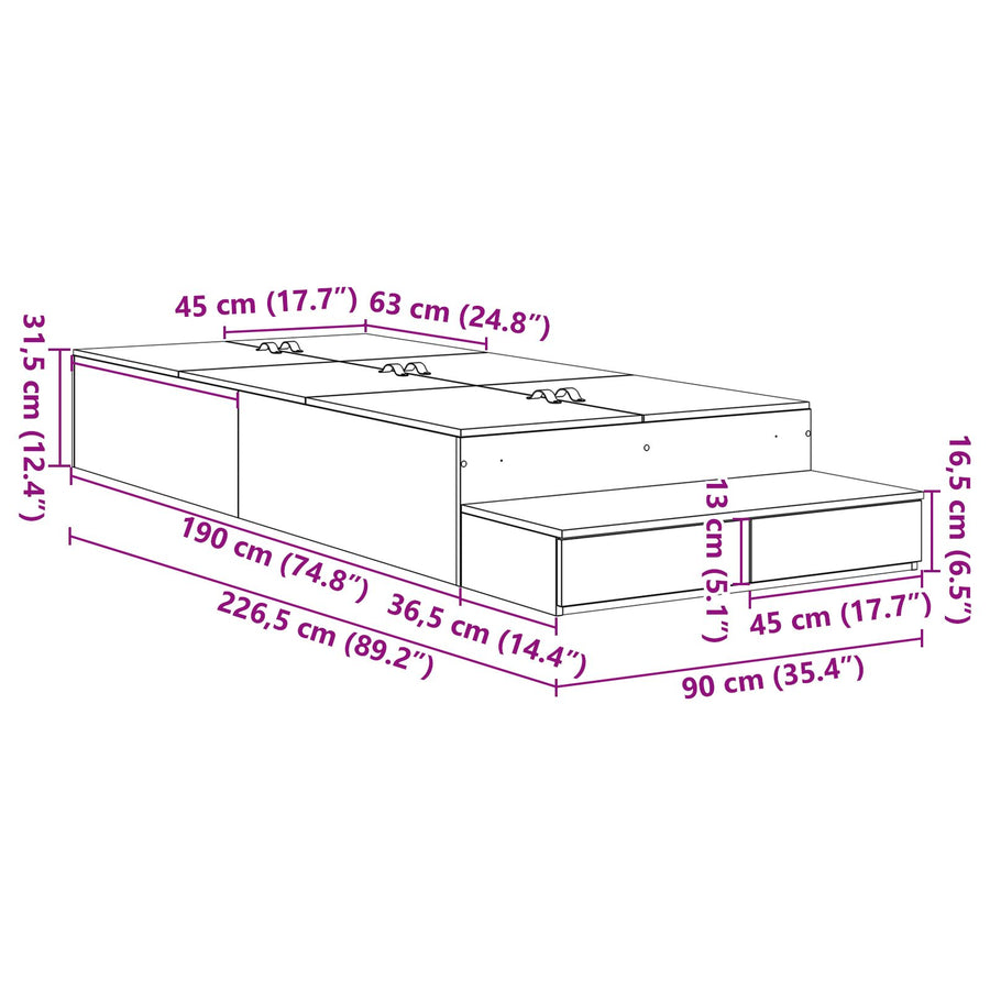 Opbergbedframe Wit Bewerkt Hout 90 X 190 X 31,5 Cm Opbergbedframe Artisanaal Eiken