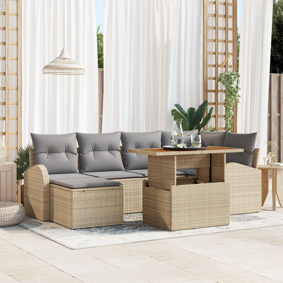 7-Delige Tuindining Set Met Kussens Beige Poly Rattan Acacia