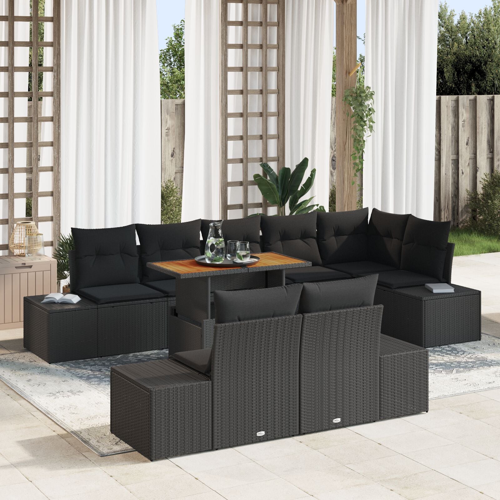 9-Delige Tuin Eettafel Set Met Kussens Zwart Poly Rattan Acacia
