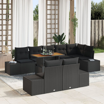 9-Delige Tuin Eettafel Set Met Kussens Zwart Poly Rattan Acacia