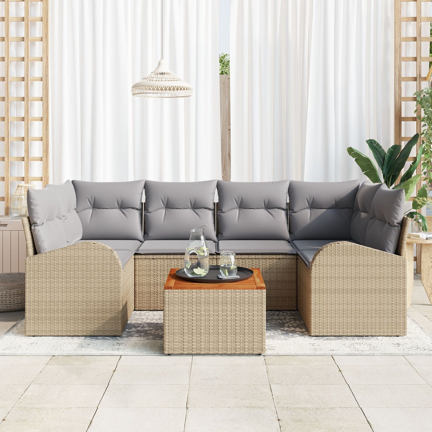 7-Delige Tuin Sofa Set Met Kussens Beige Poly Rattan Acacia