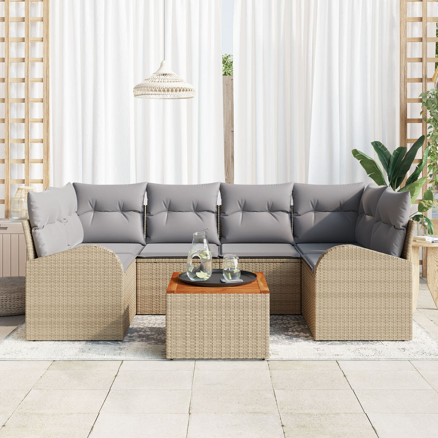 7-Delige Tuin Sofa Set Met Kussens Beige Poly Rattan Acacia