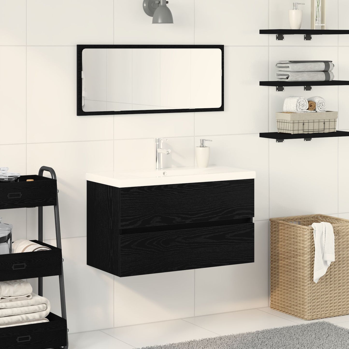 Wastafelkast Met Ingebouwde Wastafel Zwart Eiken Engineered Hout,  Wastafelkast Zwart Eiken 80X38.5X45 Cm Engineered Hout