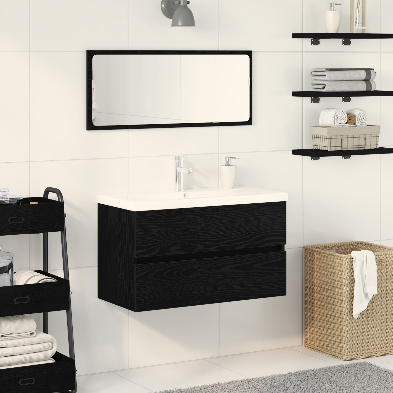 Wastafelkast Met Ingebouwde Wastafel Zwart Eiken Engineered Hout,  Wastafelkast Zwart Eiken 80X38.5X45 Cm Engineered Hout