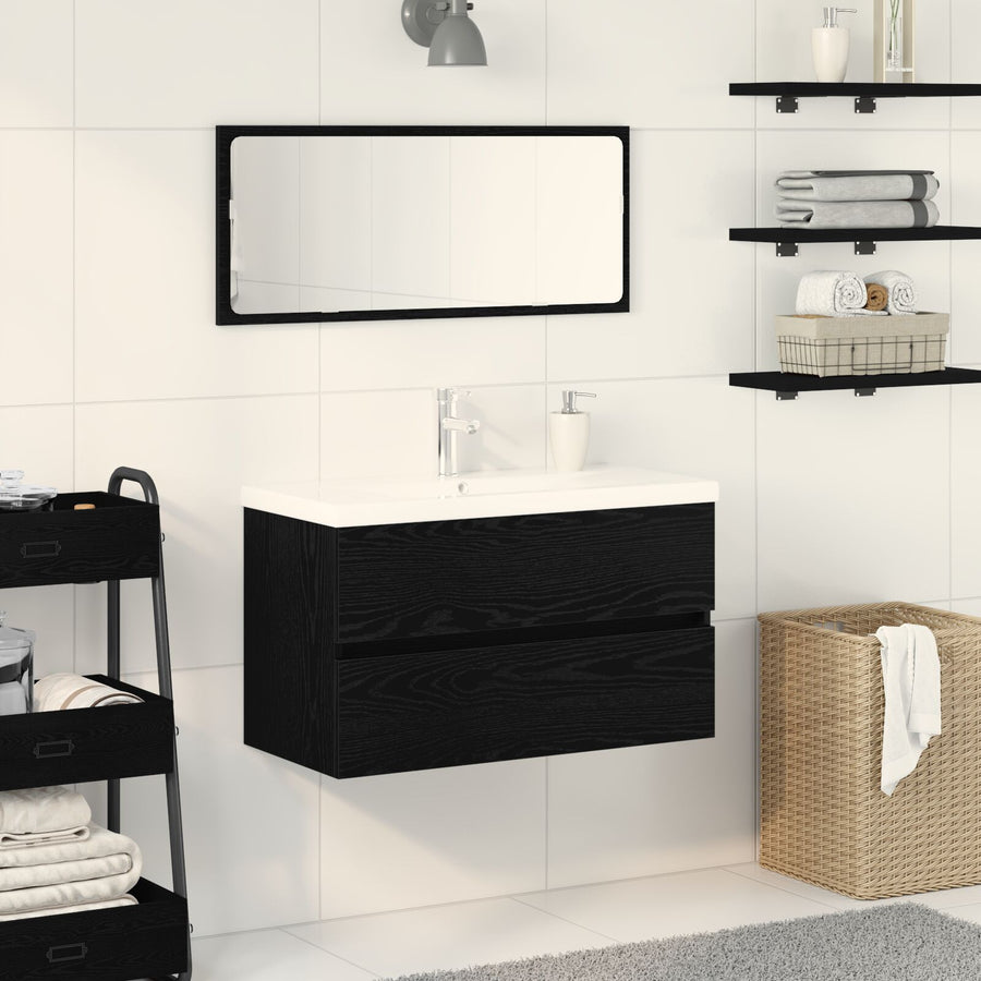 Wastafelkast Met Ingebouwde Wastafel Zwart Eiken Engineered Hout,  Wastafelkast Zwart Eiken 80X38.5X45 Cm Engineered Hout