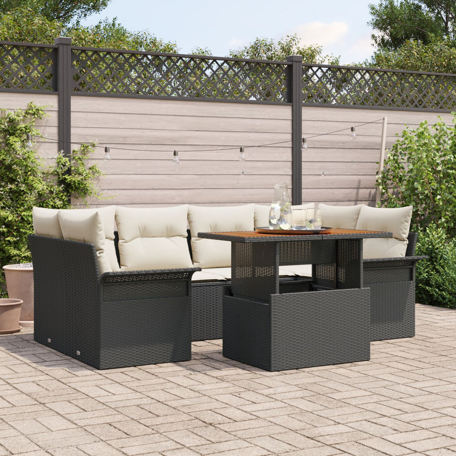 7-Delige Tuin Sofaset Met Kussens Zwarte Poly Rattan Acacia