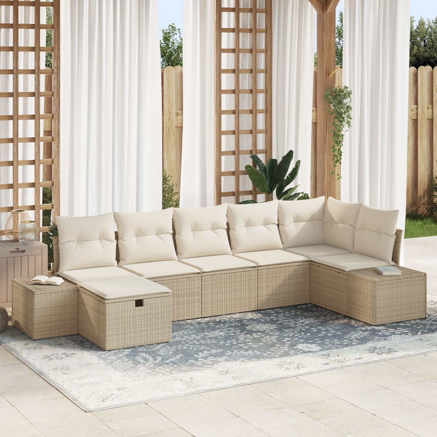 7-Delige Tuin Sofa Set Met Kussens Beige Poly Rattan