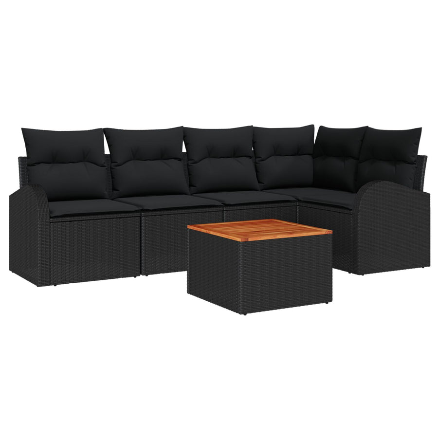 6-Delig Tuinbankstel Met Kussens Zwart Poly Rattan Acacia
