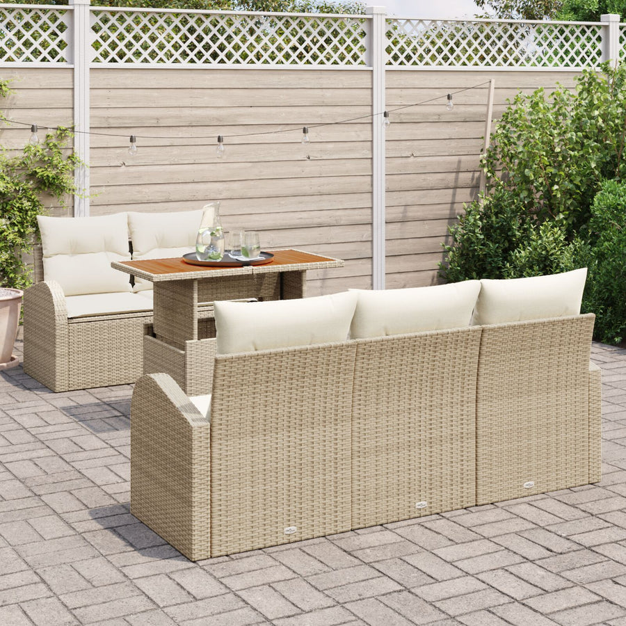 6-Delige Tuin Eetset Met Kussens Beige Poly Rattan Acacia