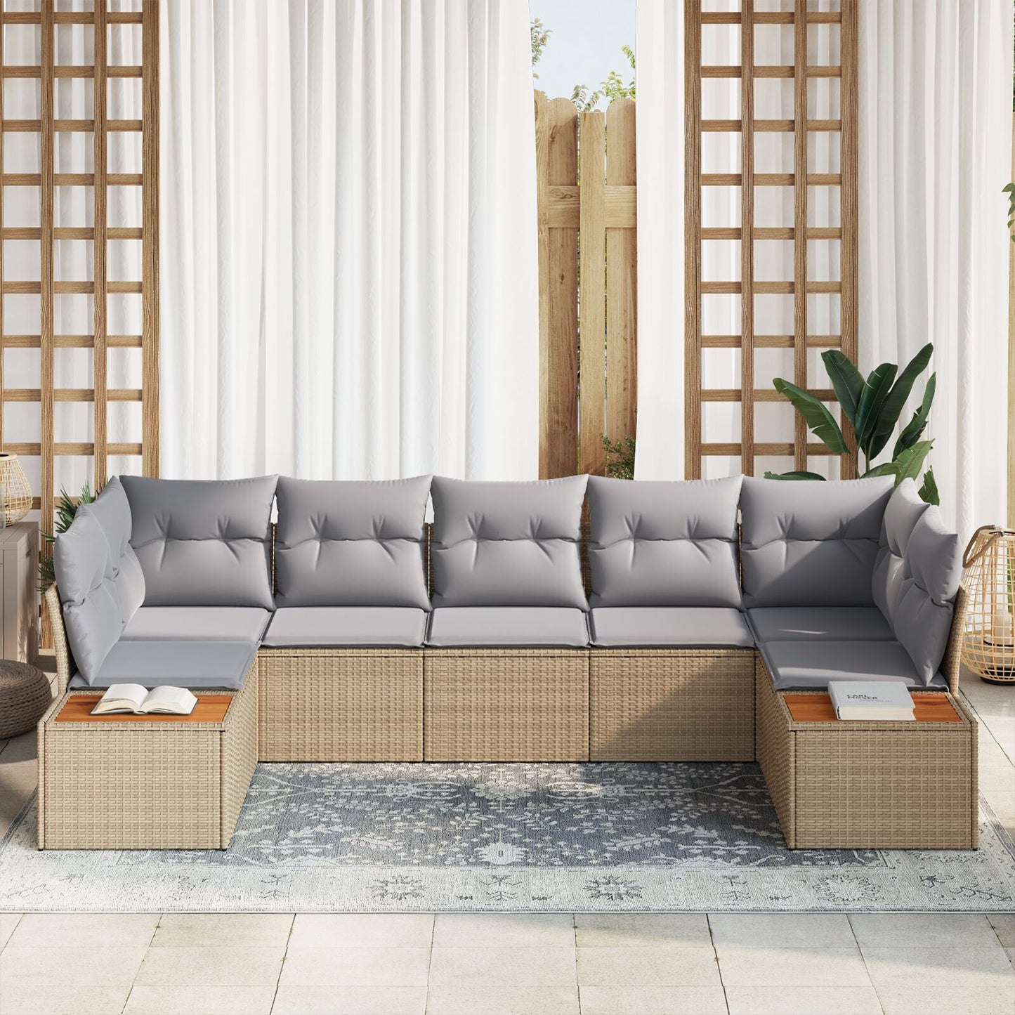 7-Delig Tuinbankstel Met Kussens Beige Poly Rattan Acacia