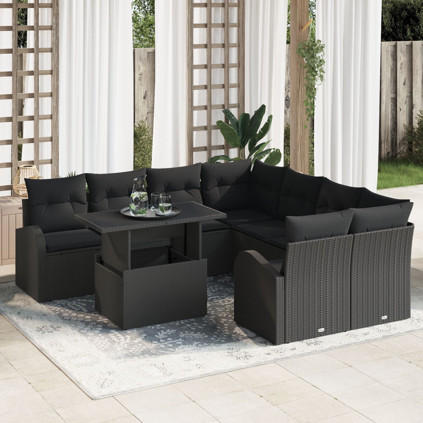9-Delige Tuinbankset Met Kussens Zwart Poly Rattan