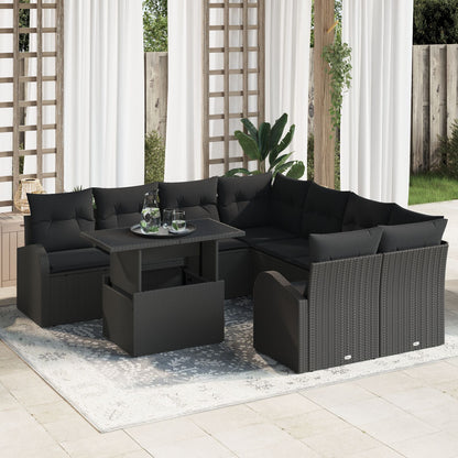 9-Delige Tuinbankset Met Kussens Zwart Poly Rattan