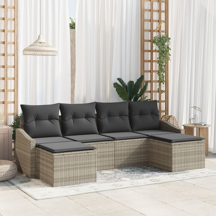 6-Delige Tuin Sofa Set Met Kussens Licht Grijs Poly Rattan