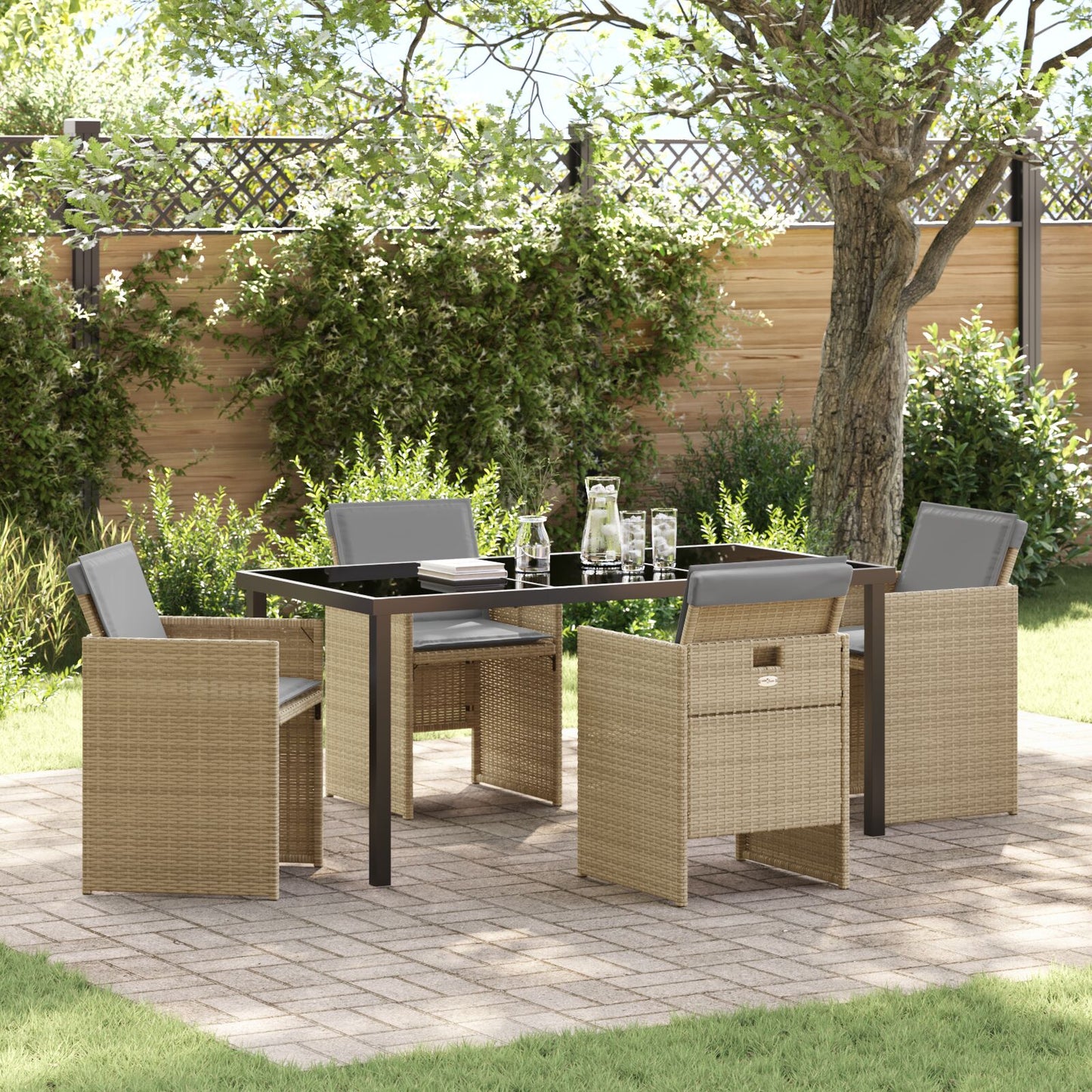 5-Delige Tuin Eetset Met Kussens Beige Poly Riet