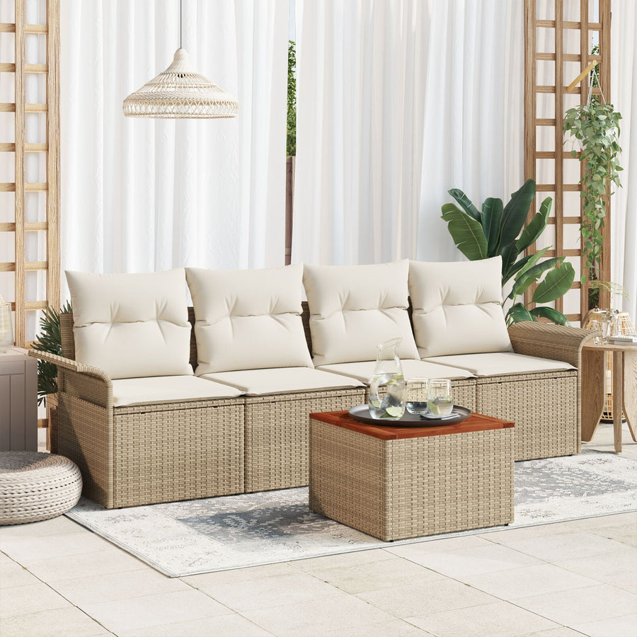 5-Delige Tuin Sofa Set Met Kussens Beige Poly Rattan Acacia