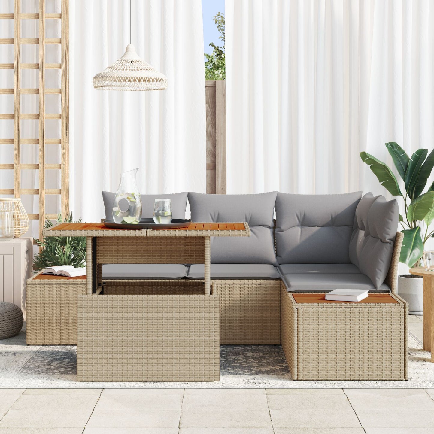 Tuinbank Set Set Van 5 Beige En Grijs Riet En Polyester Stof Kussen