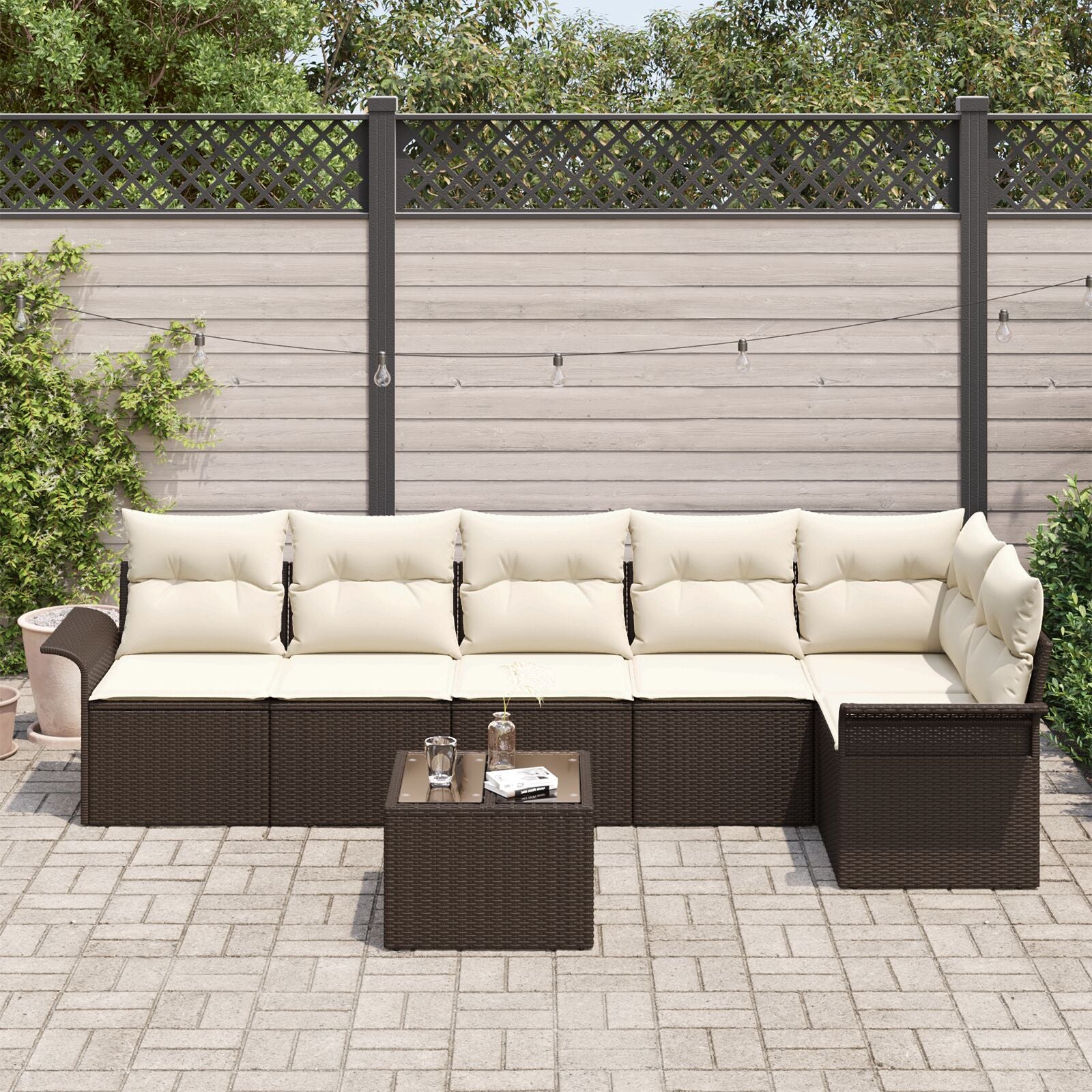 6-Delige Tuin Sofa Set Met Kussens Grijs Poly Rattan Bruin en crème met tafel