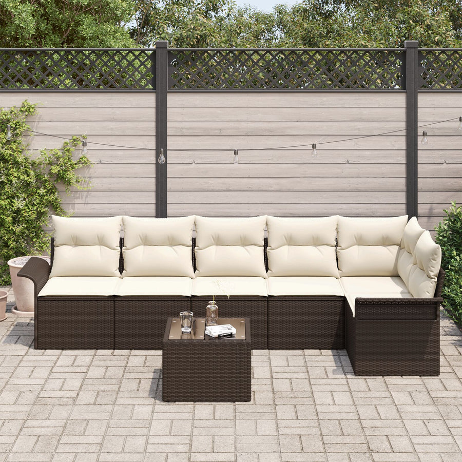 6-Delige Tuin Sofa Set Met Kussens Grijs Poly Rattan Bruin en crème met tafel