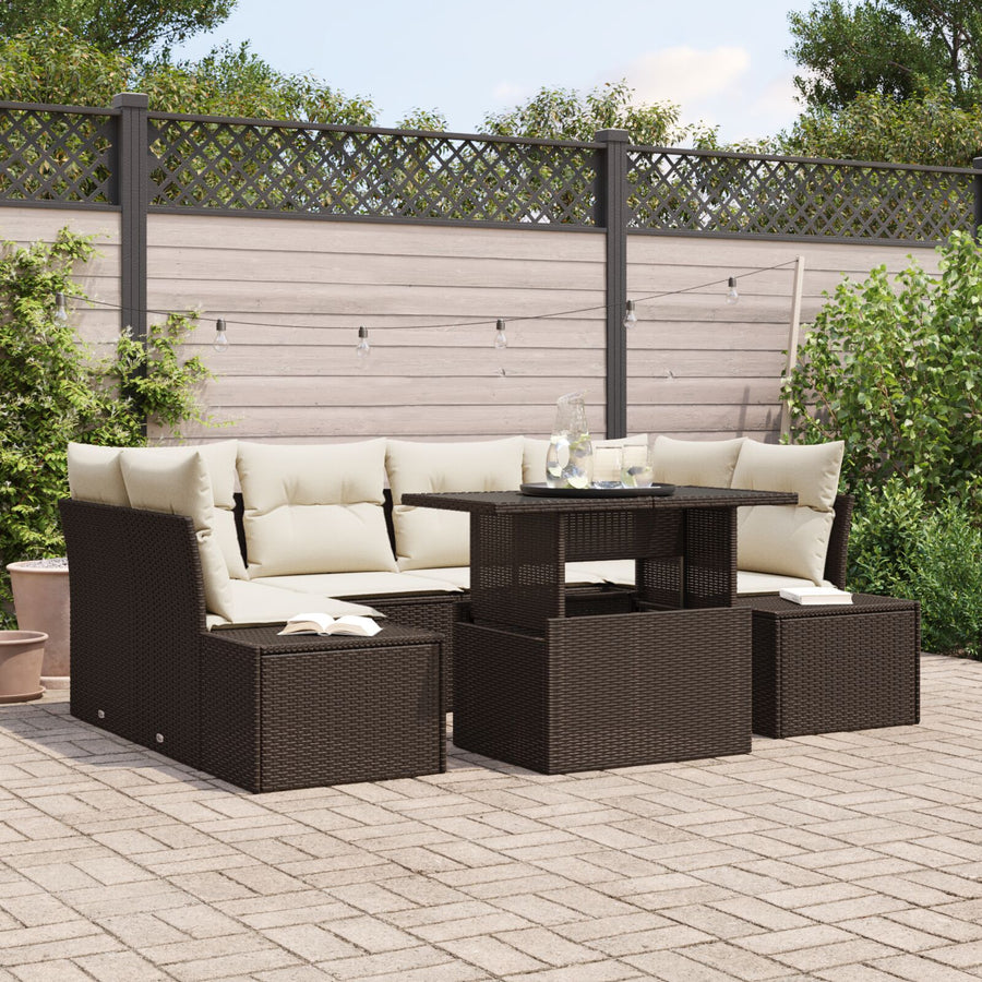 7-Delige Tuin Sofaset Met Kussens Bruin Poly Rattan