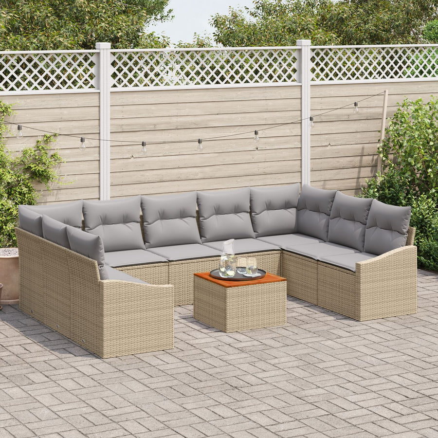 10-Delige Tuin Sofa Set Met Kussens Beige Poly Rattan Acacia